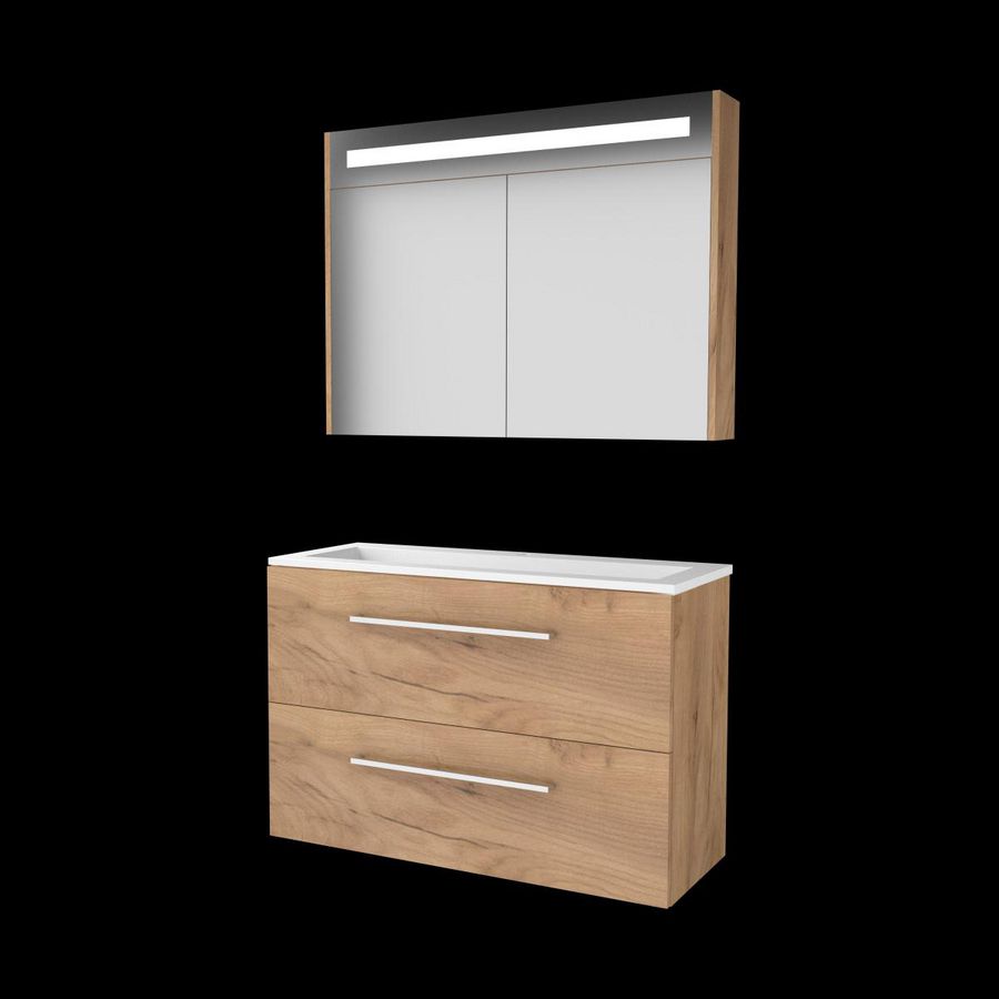 Set PREMIUM-39 onderkast whisky oak 100cm grepen chroom 2x la acryl wastafel 1x kraangat spiegelkast geïn. LED-verl. (P39GR100A1WO)
