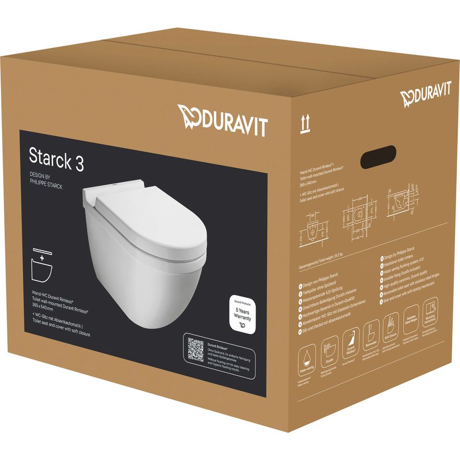 Wandcloset #252709 combipack Starck3 54cm Durafix rimless wit incl. afneembare softclose zitting rvs scharnier
