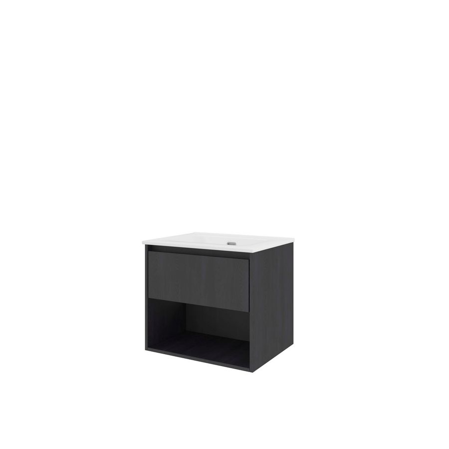 Set Proline porselein Elegant wastafel wit zonder kraangat onderkast 1x lade+schap black oak 60x46cm