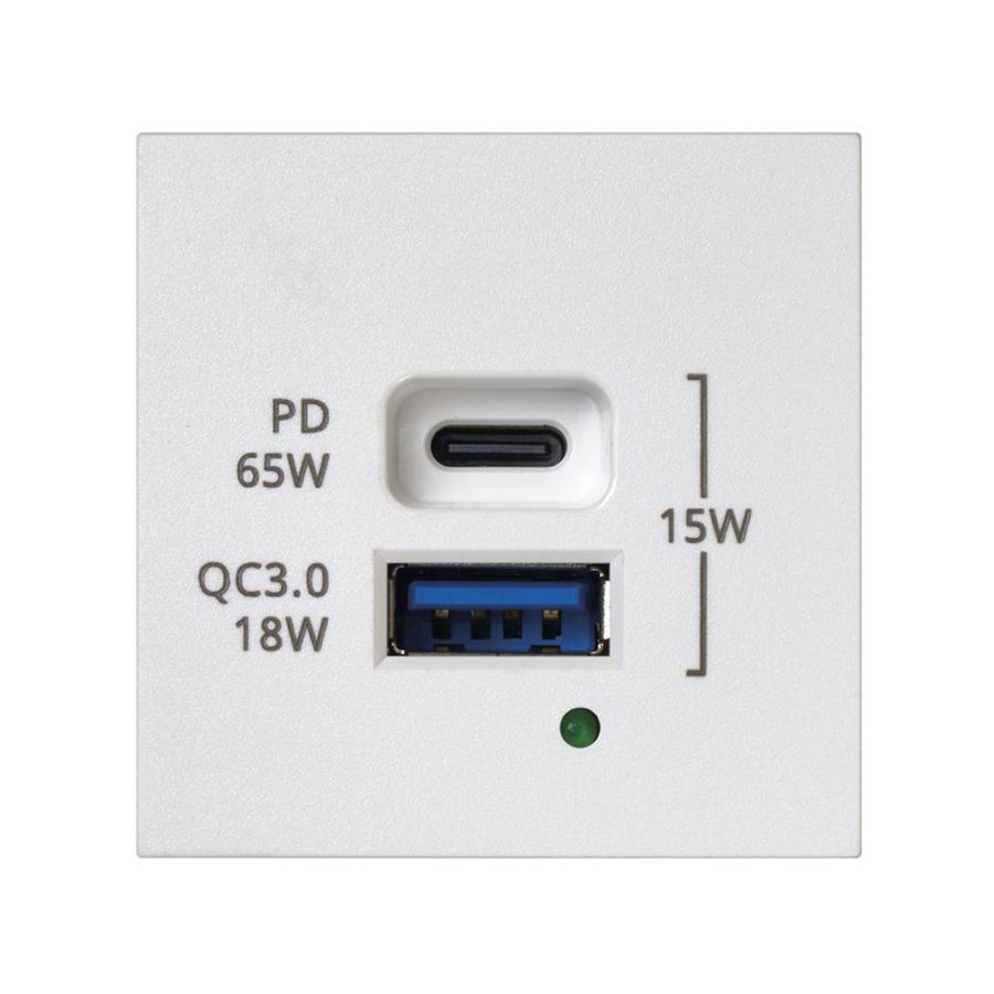 USB A+C inbouwmodule 65W PD/QC wit 45x45mm