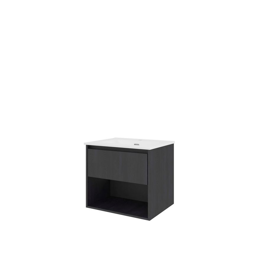Set Proline porselein Elegant wastafel wit met 1 kraangat onderkast 1x lade+schap black oak 60x46cm