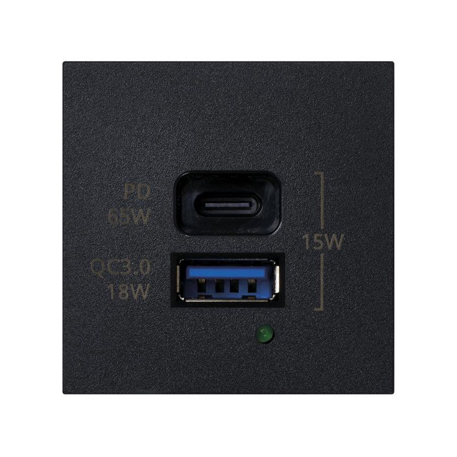USB A+C inbouwmodule 65W PD/QC zwart 45x45mm