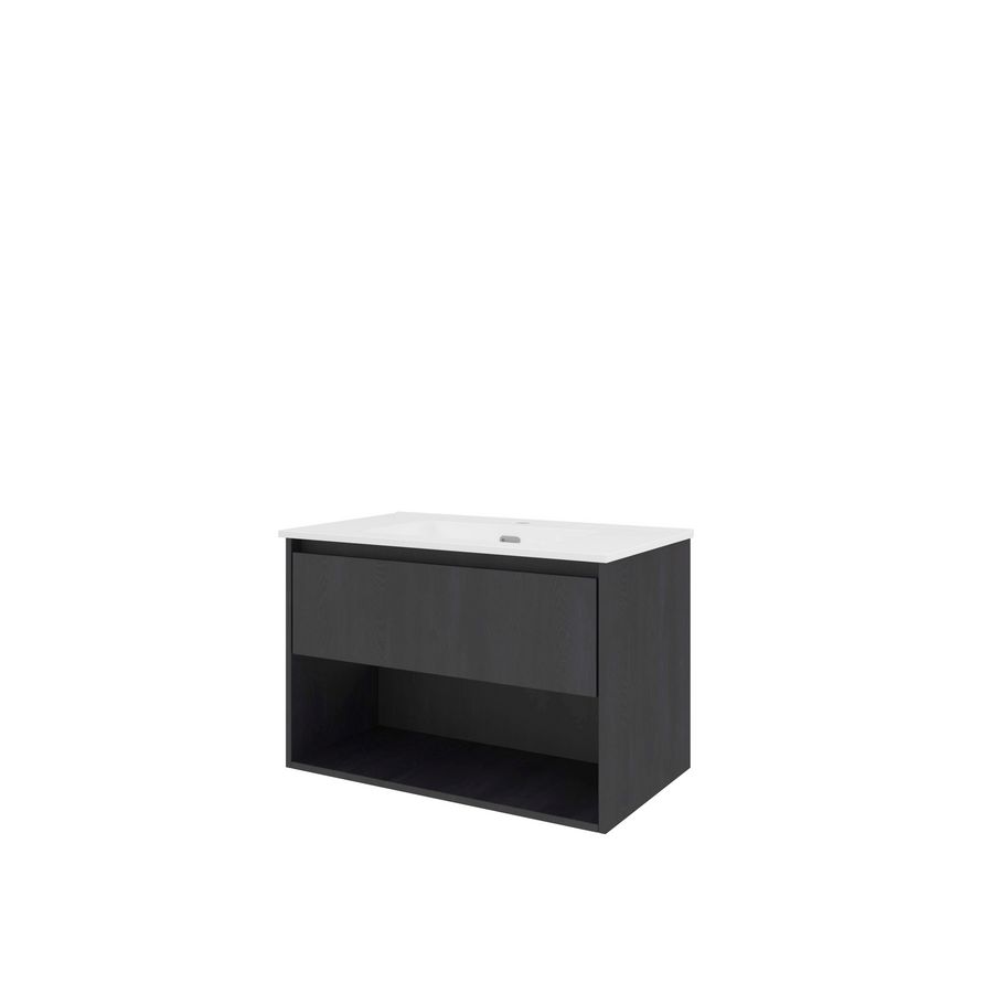 Set Proline porselein Elegant wastafel wit met 1 kraangat onderkast 1x lade+schap black oak 80x46cm
