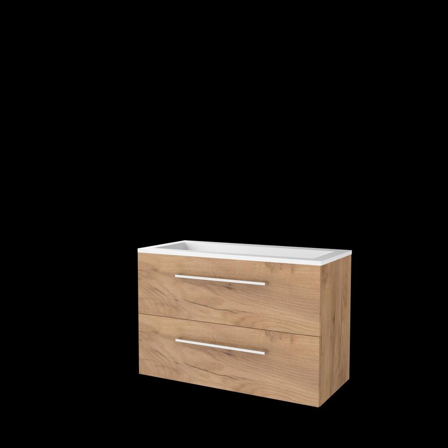 Set START-46 onderkast whisky oak 100cm grepen chroom 2x la acryl wastafel z/ kraangat (S46GR100A0WO)