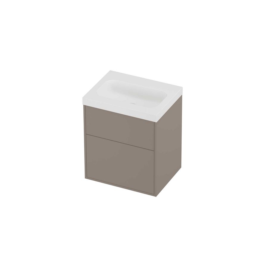 Haga Set polystone Mezza wastafel zonder kraangat en onderkast tbv grepen 2 laden a-symmetrisch in kader 600x460x730mm matt White/Clay beige