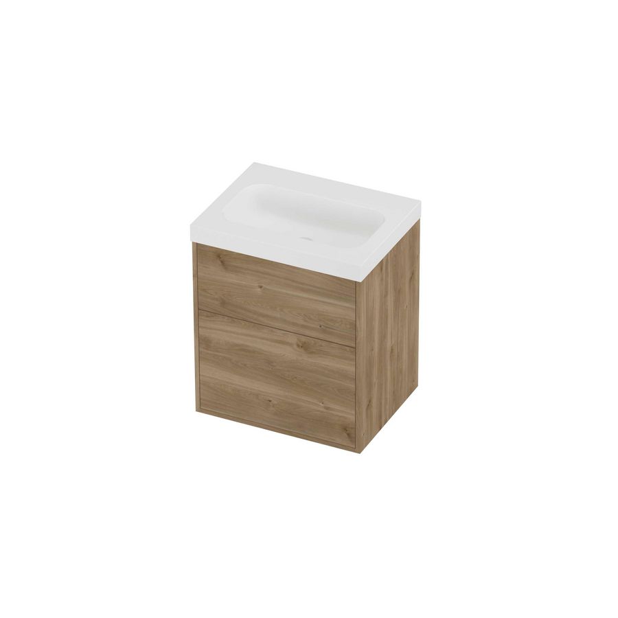 Haga Set polystone Mezza wastafel zonder kraangat en onderkast tbv grepen 2 laden a-symmetrisch in kader 600x460x730mm matt White/Cider oak