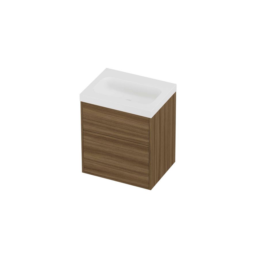 Haga Set polystone Mezza wastafel zonder kraangat en onderkast tbv grepen 2 laden a-symmetrisch in kader 600x460x730mm matt White/Caramel walnut
