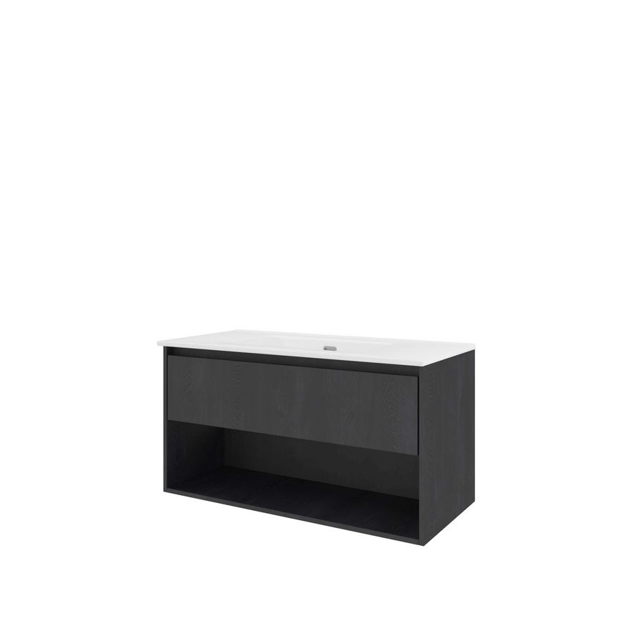 Set Proline porselein Elegant wastafel wit zonder kraangat onderkast 1x lade+schap black oak 100x46cm