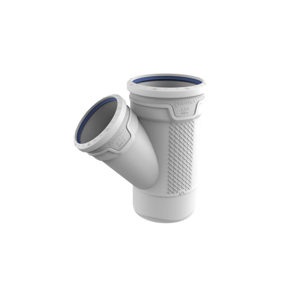 T-stuk PP AS+ geluidsarm 45° lichtgrijs 160x125x160mm mof x mof x spie