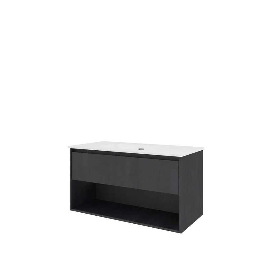 Set Proline porselein Elegant wastafel wit met 1 kraangat onderkast 1x lade+schap black oak 100x46cm