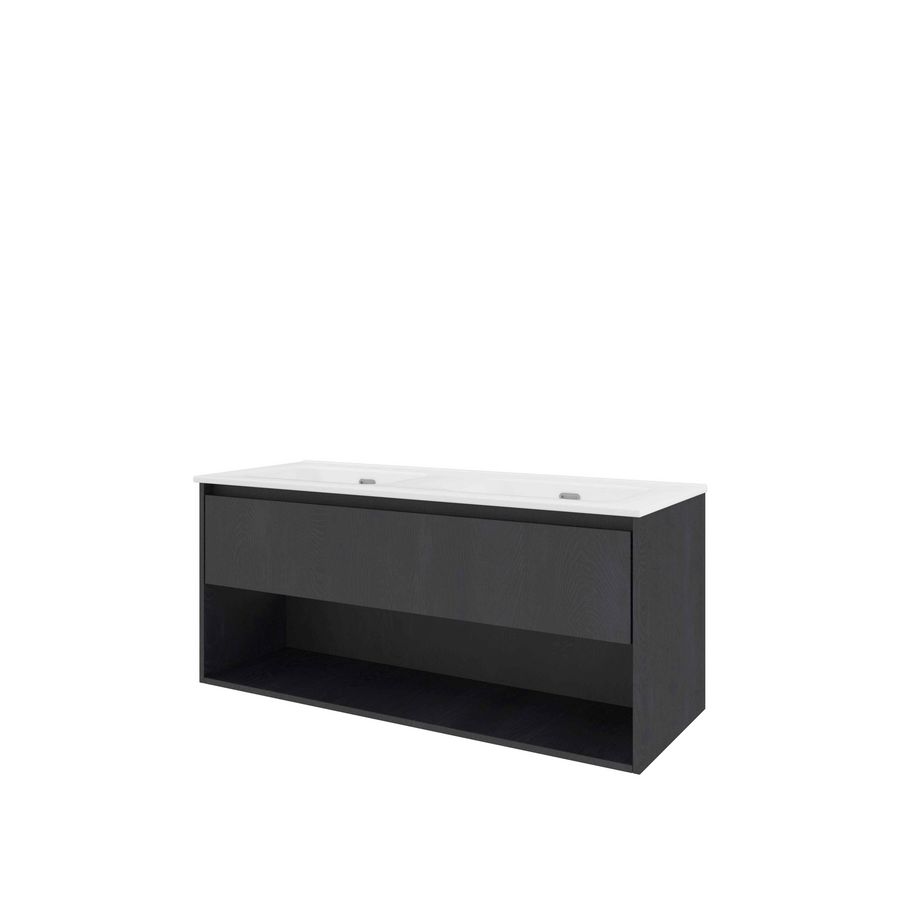 Set Proline porselein Elegant dubb. wastafel wit zonder kraangat onderkast 1x lade+schap black oak 120x46cm
