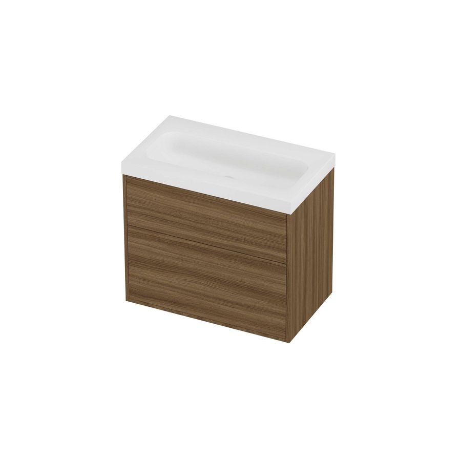 Haga Set polystone Mezza wastafel zonder kraangat en onderkast tbv grepen 2 laden a-symmetrisch in kader 800x460x730mm matt White/Caramel walnut