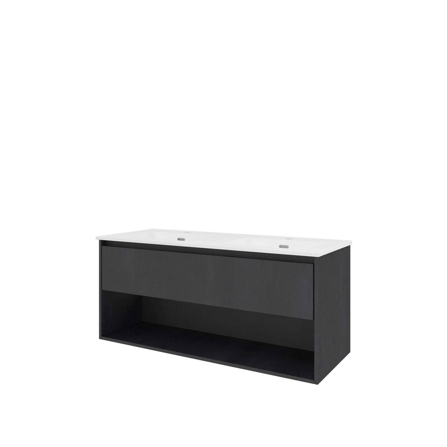 Set Proline porselein Elegant dubb. wastafel wit met 2 kraangaten onderkast 1x lade+schap black oak 120x46cm