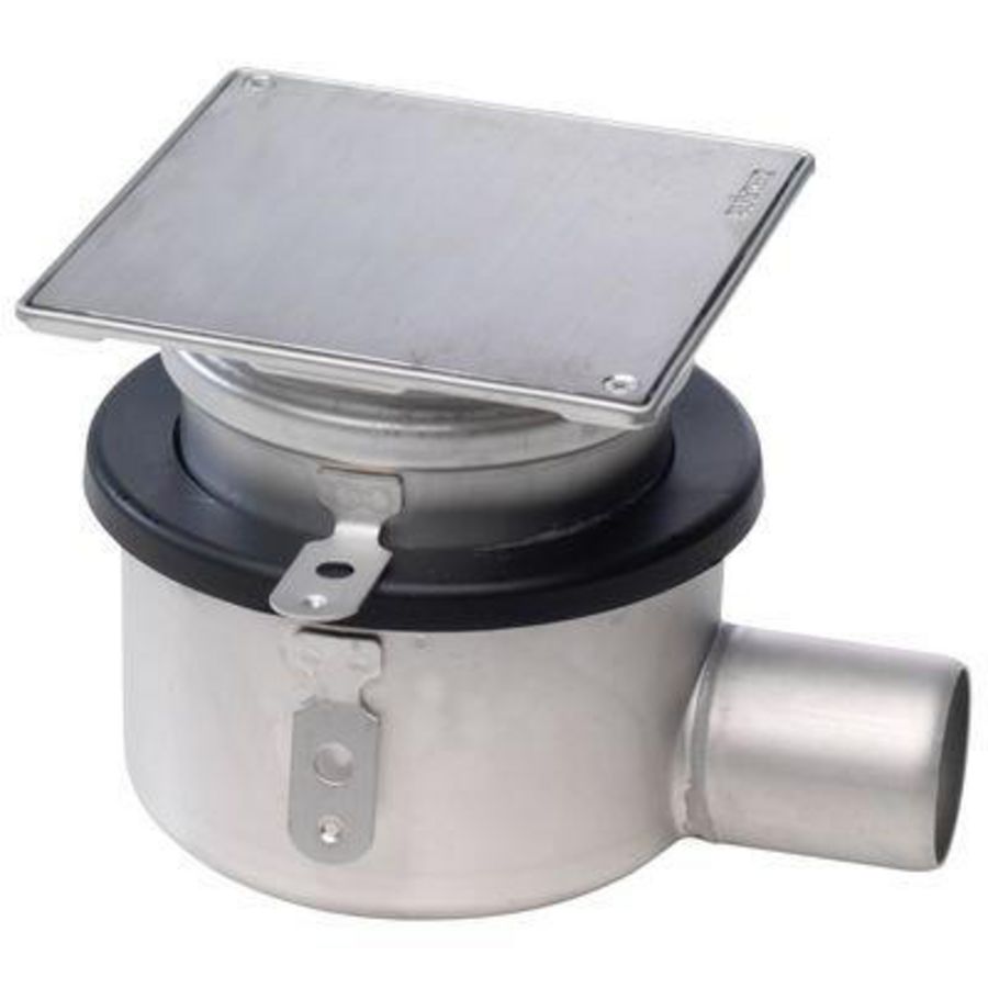 Vloerput RVS304 145x145mm zijuitlaat 50mm luchtdicht afsluitbaar incl. vacuumzuignap