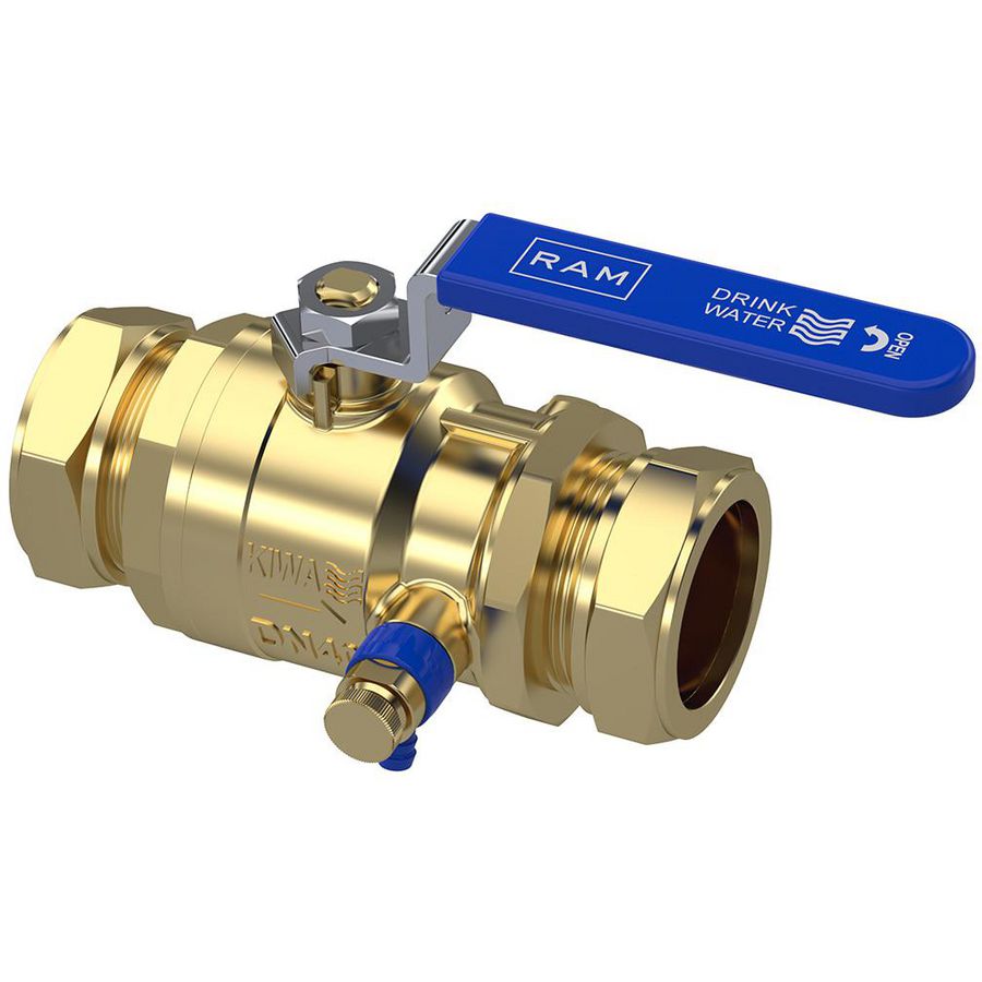 Kogelkraan S28 42x42mm knel DN40 PN10 met aftapper Kogelmet Teflon coating KIWA