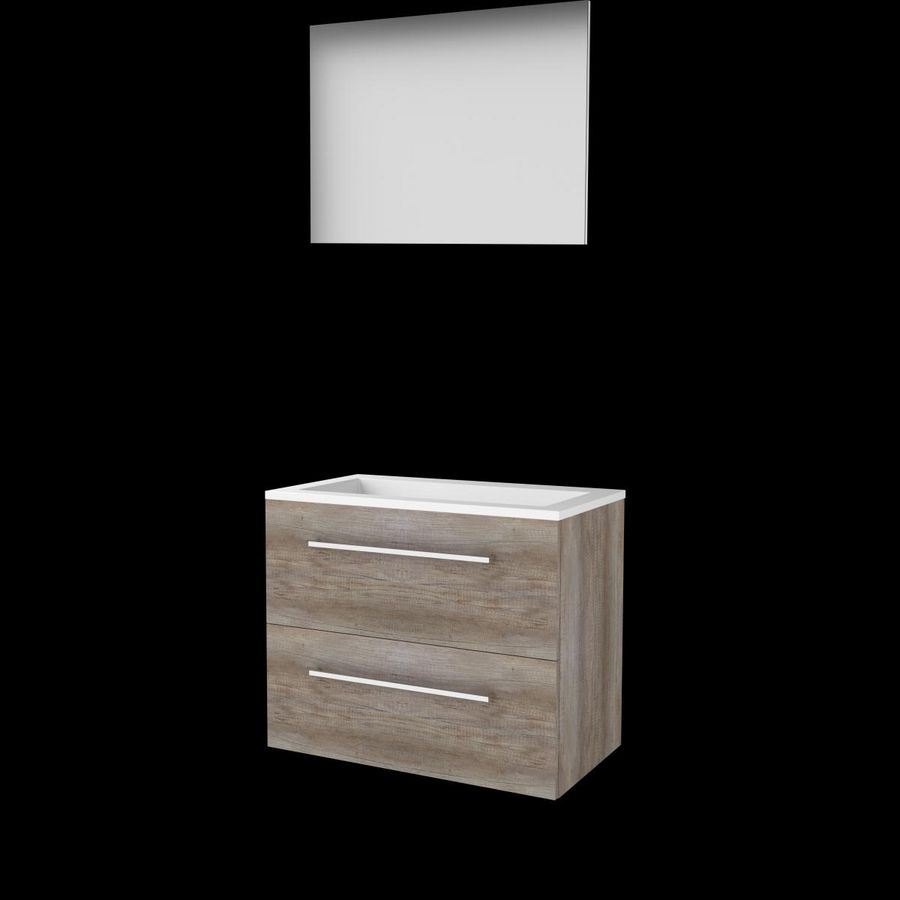 Set BASIC-46 onderkast 80cm Scotch Oak met grepen 2x la acryl wastafel z/ kraangat spiegel op plaat (B46GR80A0SO)