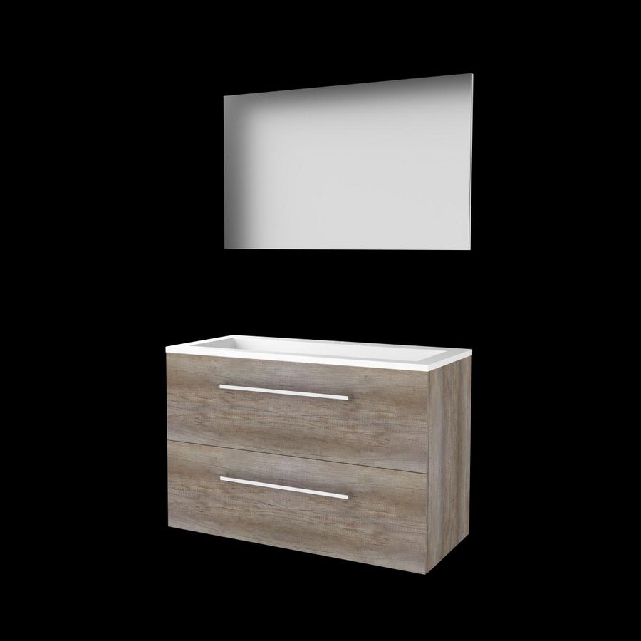 Set BASIC-46 onderkast 100cm Scotch Oak met grepen 2x la acryl wastafel 1x kraangat spiegel op plaat (B46GR100A1SO)