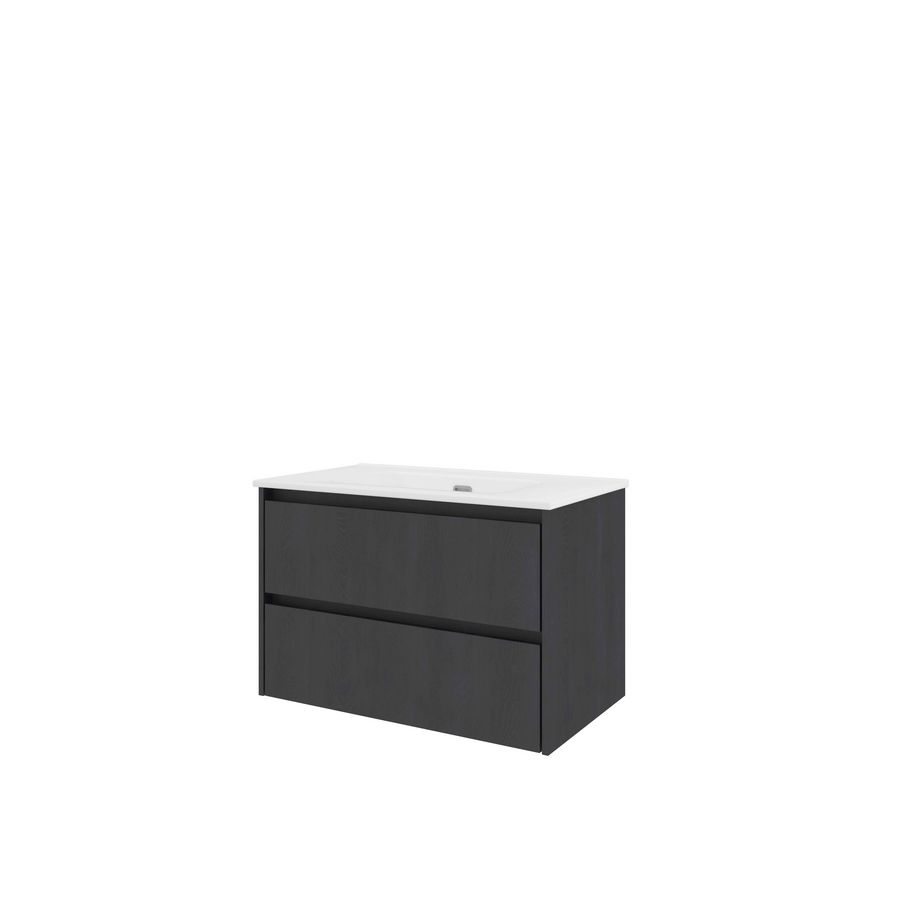 Set Proline porselein Elegant wastafel wit zonder kraangat onderkast symmetrisch black oak 80x46cm