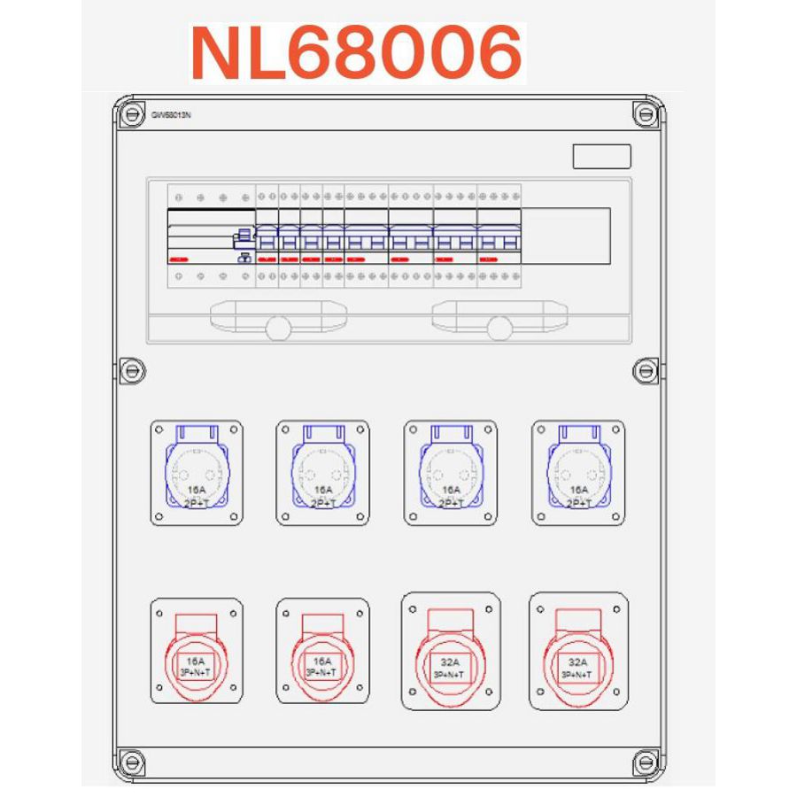 68 Q-DIN KAST 4xSCHUKO+2x5P-16A+2x5P-32A