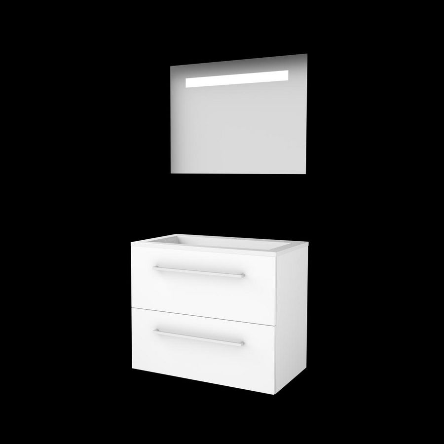 Set ECONOMIC-46 onderkast ice white 80cm grepen chroom 2x la acryl wastafel 1x kraangat spiegel geïn. LED-verl. (E46GR80A1IW)