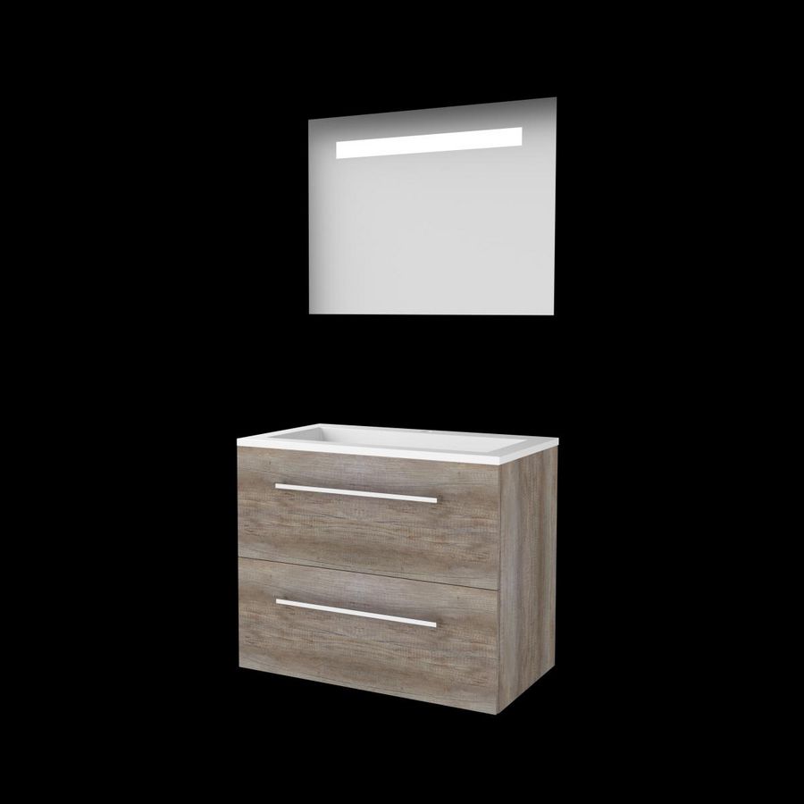 Set ECONOMIC-46 onderkast scotch oak 80cm grepen chroom 2x la acryl wastafel 1x kraangat spiegel geïn. LED-verl. (E46GR80A1SO)