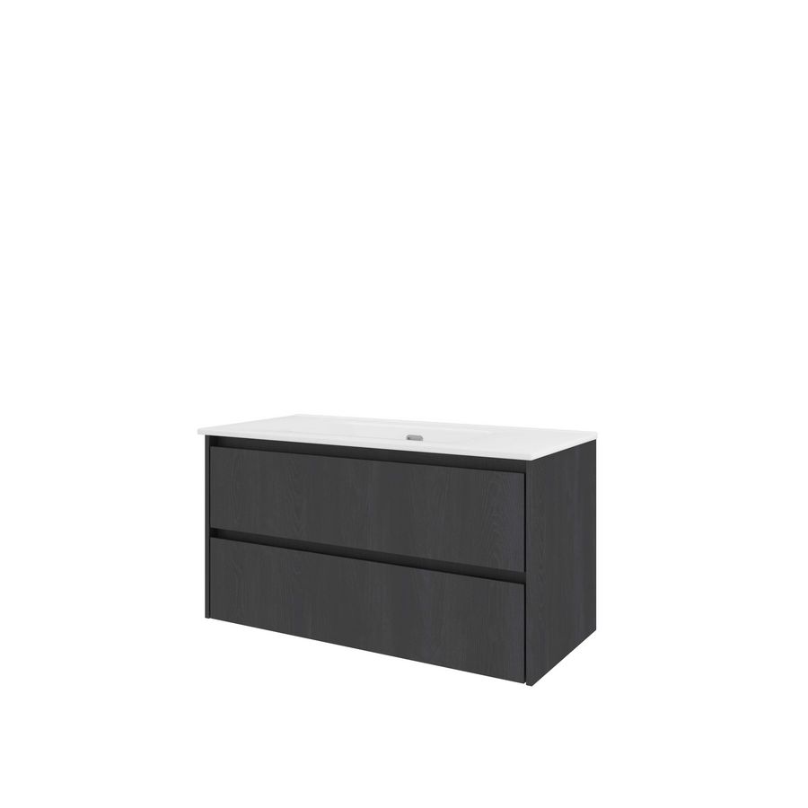 Set Proline porselein Elegant wastafel wit zonder kraangat onderkast symmetrisch black oak 100x46cm