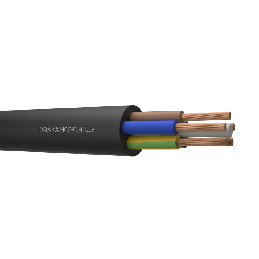 Haspel a 500m. DRAKAFLEX neopreen kabel H07RN-F Eca bk# 5G1mm² (geel/groen-blauw-bruin-zwart-grijs)