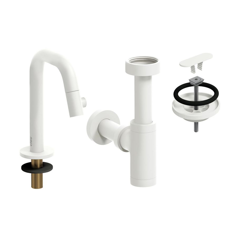 Kaldur set koudwaterkraan 3/8"aansl. sifon en afvoerplug mat wit gelakt