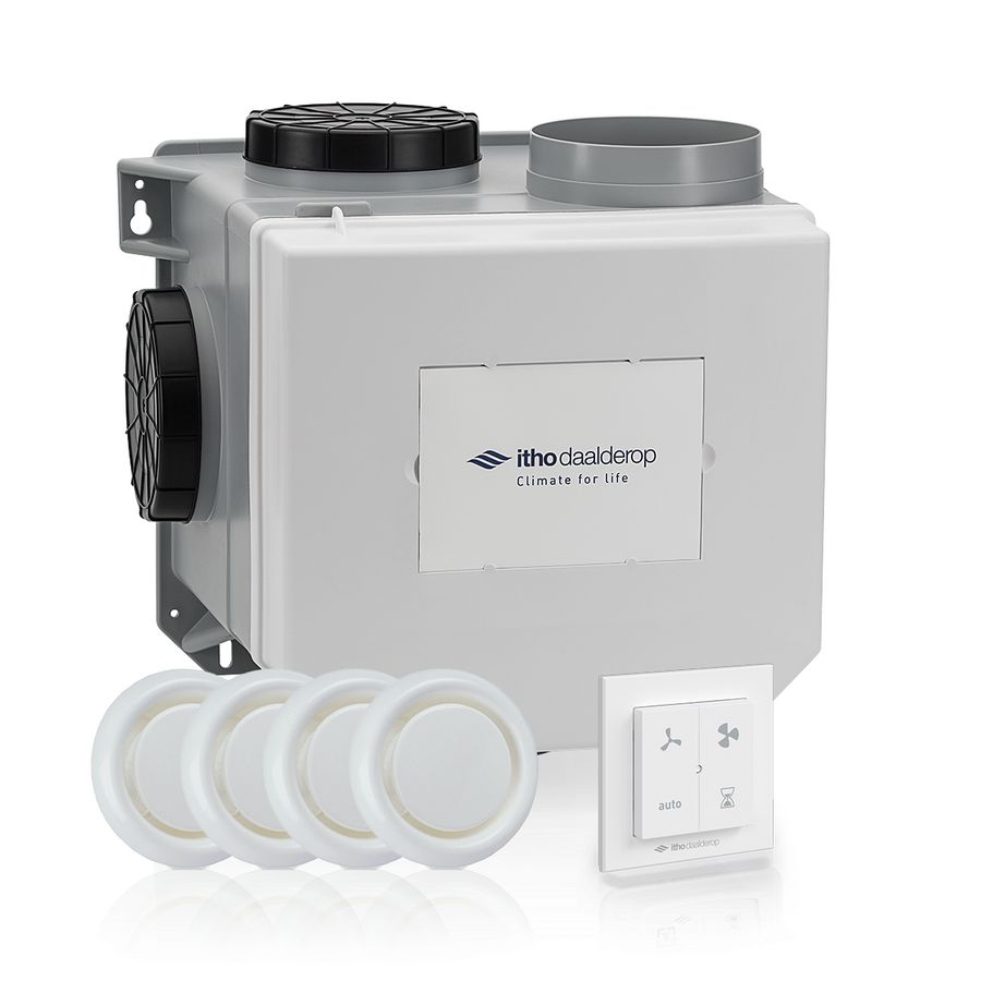 Woonhuisventilator 'alles in 1 pakket' CVE-S ECO interne vochtsensor euro-& Perilexstekker incl. bediening RFT Auto + 4 ventielen