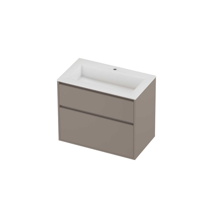 Aristo Set polystone Elegant wastafel met 1 kraangat en onderkast greeploos 2 laden a-symmetrisch in kader 800x460x670mm glans wit/Clay beige