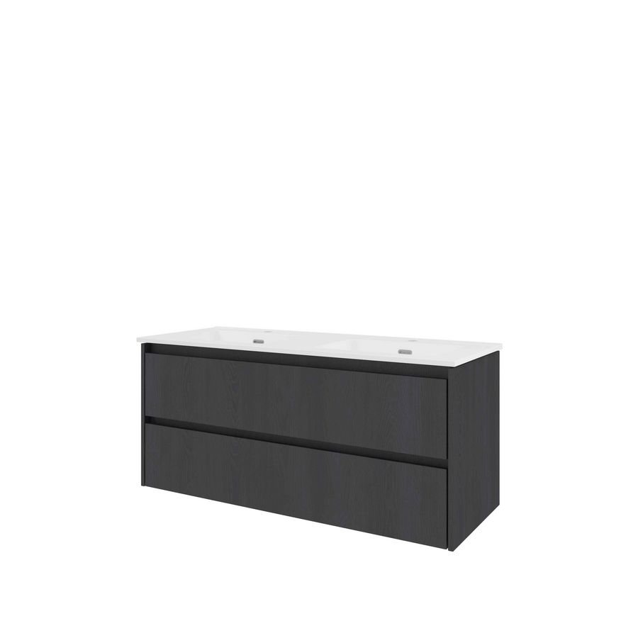 Set Proline porselein Elegant dubb. wastafel wit met 2 kraangaten onderkast symmetrisch black oak 120x46cm