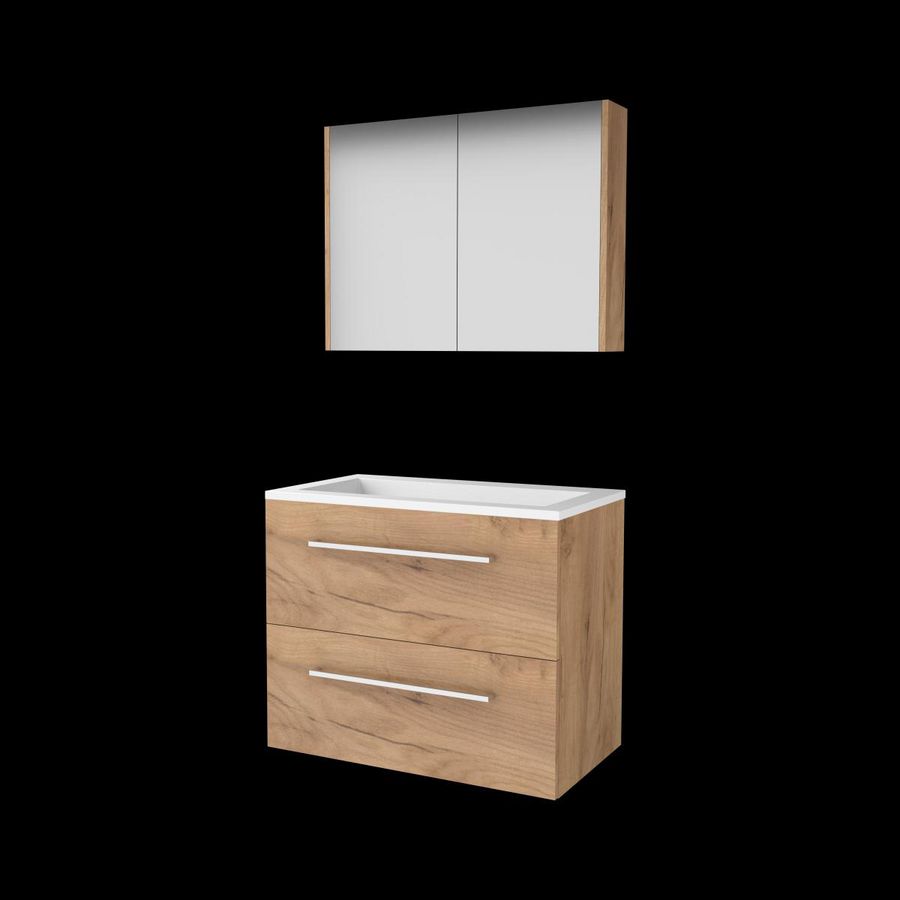 Set COMFORT-46 onderkast 80cm Whisky Oak grepen chroom 2x la acryl wastafel z/ kraangat spiegelkast (C46GR80A0WO)