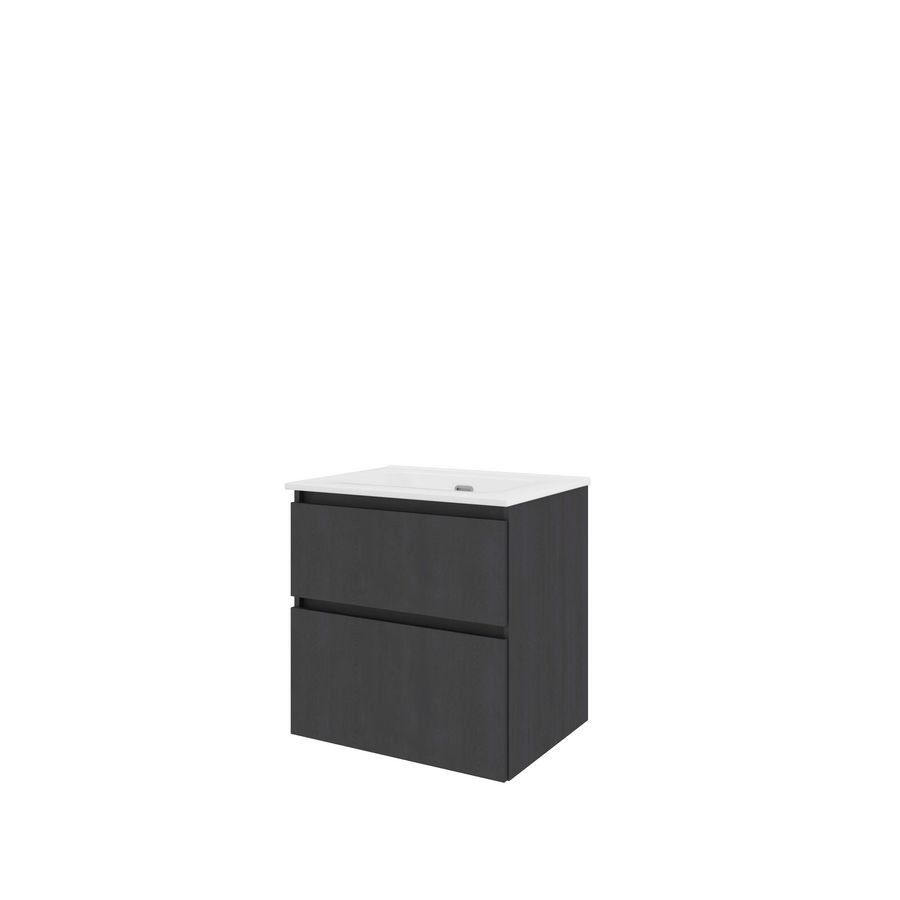 Set Proline porselein Elegant wastafel wit zonder kraangat onderkast asymmetrisch black oak 60x46cm
