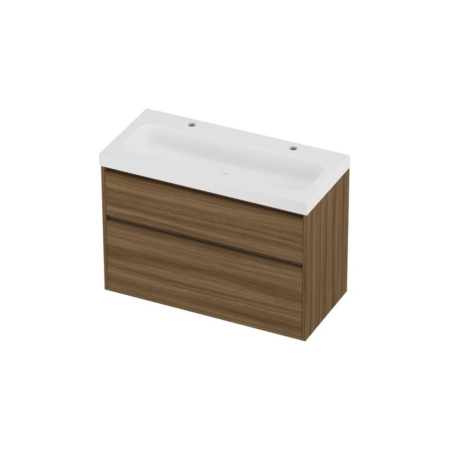 Haga Set polystone Mezza wastafel met 2 kraangaten en onderkast greeploos 2 laden a-symmetrisch in kader 1000x460x730mm matt White/Caramel walnut