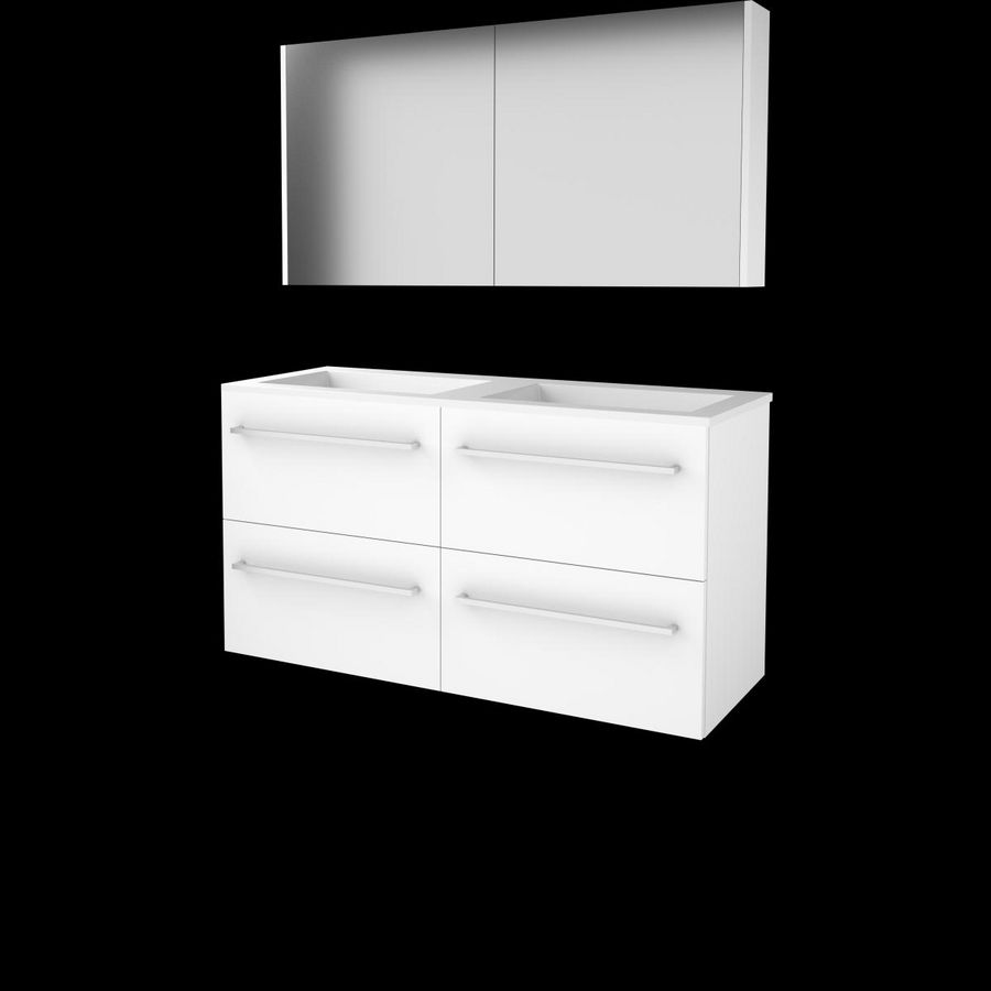 Set COMFORT-46 onderkast 120cm Ice White (2x 60cm) grepen chroom 4x la acryl wastafel z/ kraangat spiegelkast (C46GR120A0IW)
