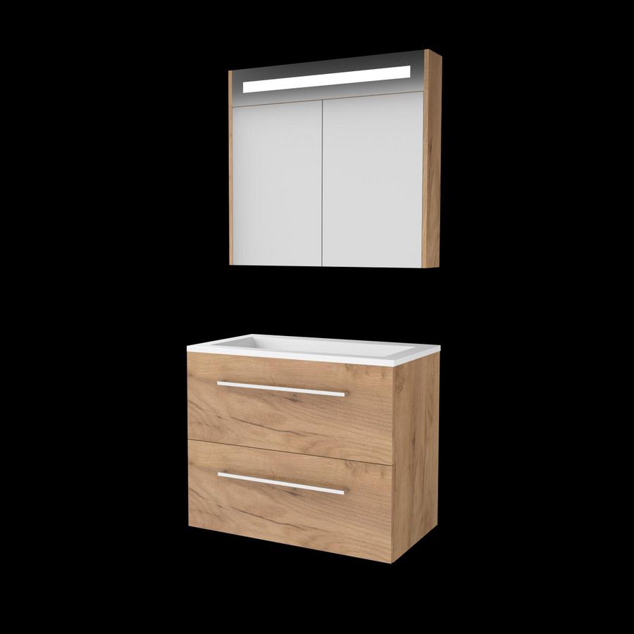 Set PREMIUM-46 onderkast whisky oak 80cm grepen chroom 2x la acryl wastafel z/ kraangat spiegelkast geïn. LED-verl. (P46GR80A0WO)