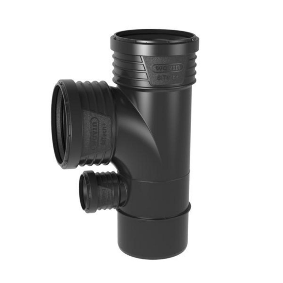 Sitech+ geluidsarm PP dubbel Zij T-stuk 87,5° zwart 90x90x50mm