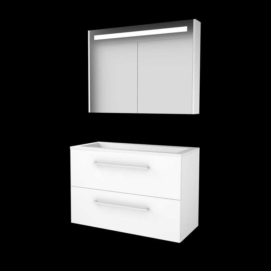 Set PREMIUM-46 onderkast ice white 100cm grepen chroom 2x la acryl wastafel z/ kraangat spiegelkast geïn. LED-verl. (P46GR100A0IW)