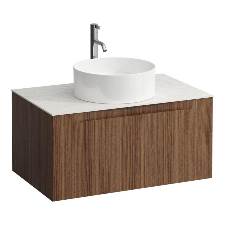 Wastafelonderkast ARUN 800mm 1x la met gecentreerde uitsparing Ardesia Bianca top met kraangat Noce canaletto