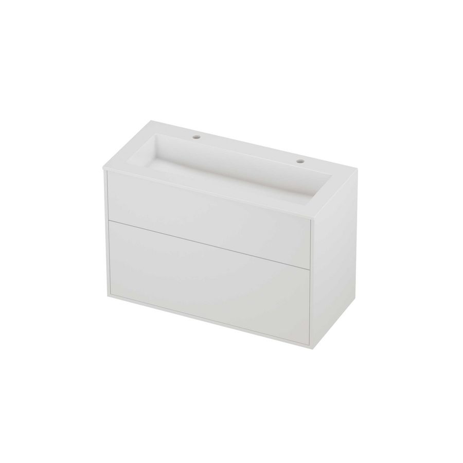 Aristo Set polystone Elegant wastafel met 2 kraangaten en onderkast tbv grepen 2 laden a-symmetrisch in kader 1000x460x670mm glans wit/matt white