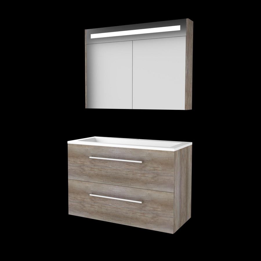 Set PREMIUM-46 onderkast scotch oak 100cm grepen chroom 2x la acryl wastafel 1x kraangat spiegelkast geïn. LED-verl. (P46GR100A1SO)