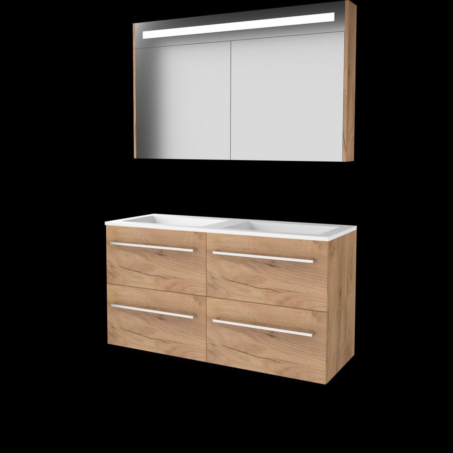 Set PREMIUM-46 onderkast whisky oak 120cm (2x 60cm) grepen chroom 4x la acryl wastafel z/ kraangat spiegelkast geïn. LED-verl. (P46GR120AWO)