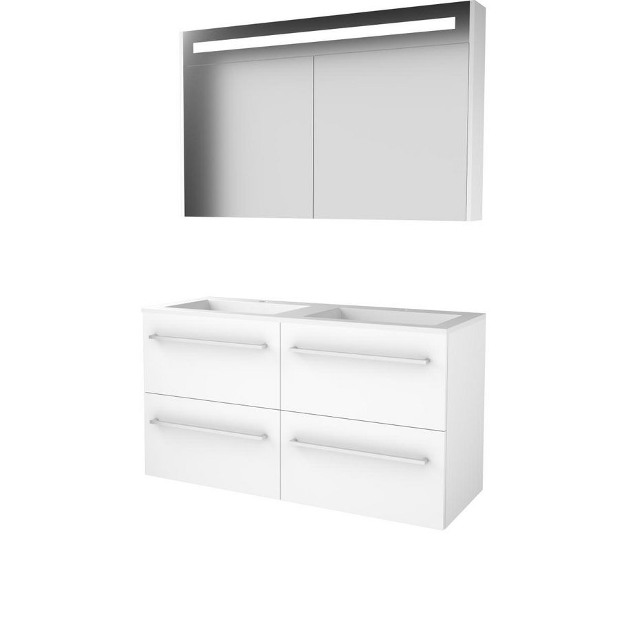 Set PREMIUM-46 onderkast ice white 120cm (2x 60cm) grepen chroom 4x la acryl wastafel 2x kraangat spiegelkast geïn. LED-verl. (P46GR120A2IW)