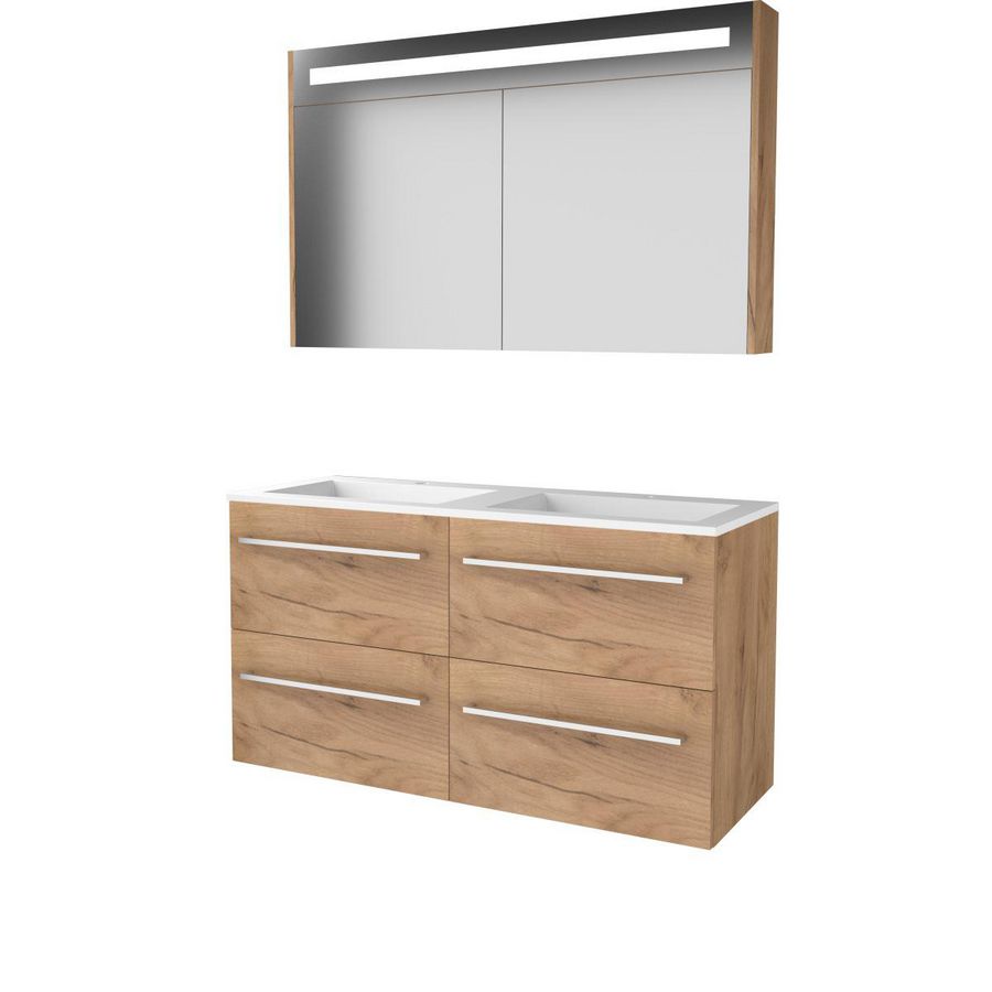 Set PREMIUM-46 onderkast whisky oak 120cm (2x 60cm) grepen chroom 4x la acryl wastafel 2x kraangat spiegelkast geïn. LED-verl. (P46GR120A2WO)
