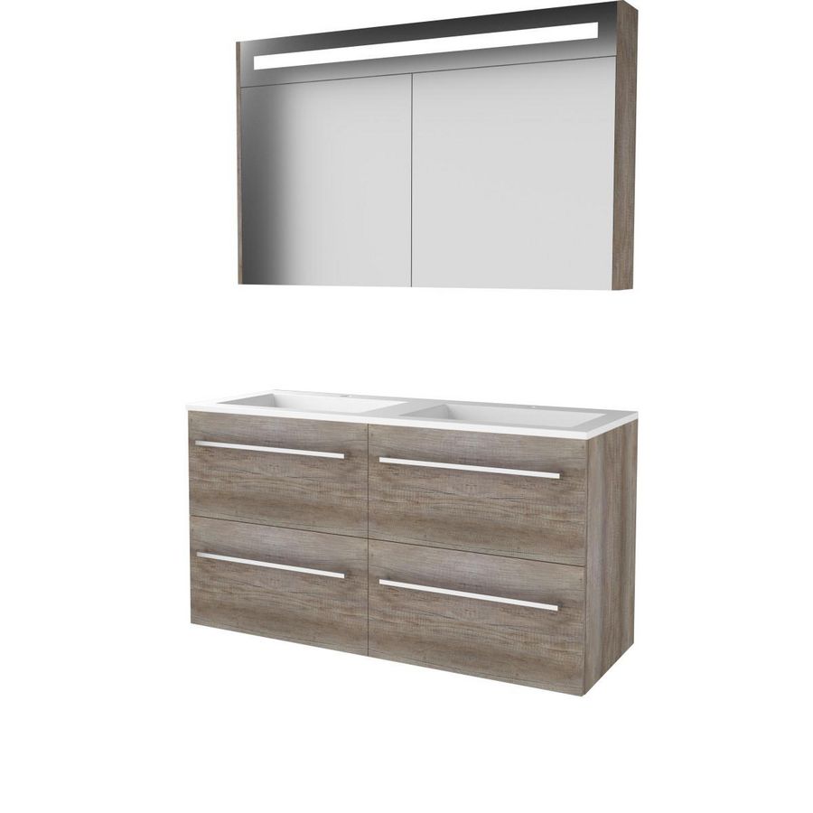Set PREMIUM-46 onderkast scotch oak 120cm (2x 60cm) grepen chroom 4x la acryl wastafel 2x kraangat spiegelkast geïn. LED-verl. (P46GR120A2SO)