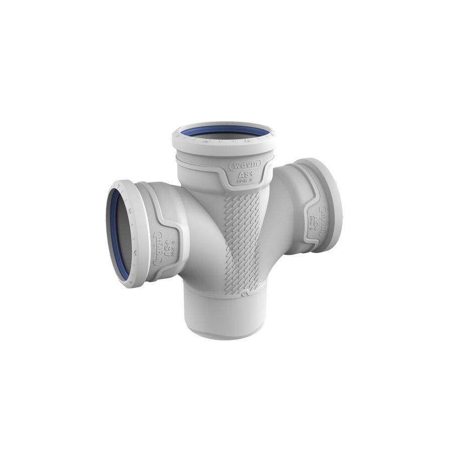 Dubbel T-stuk PP AS+ geluidsarm 87° lichtgrijs 110mm mof x mof x mof x spie