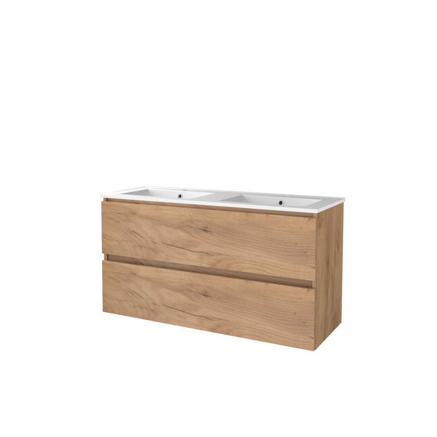Set START-46 onderkast whisky oak 120cm greeploos 2x la porselein wastafel 2x kraangat (S46GL1202PWO)