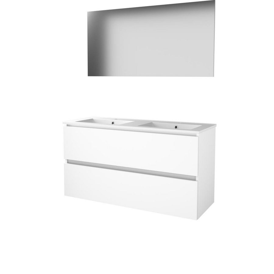 Set BASIC-46 onderkast 120cm Ice White greeploos 2x la porselein wastafel 2x kraangat spiegel op plaat (B46GL1202PIW)