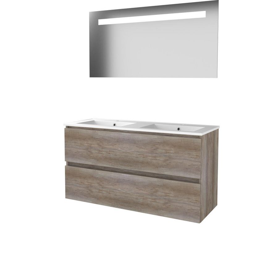 Set ECONOMIC-46 onderkast scotch oak 120cm greeploos 2x la porselein wastafel 2x kraangat spiegel geïn. LED-verl. (E46GL1202PSO)