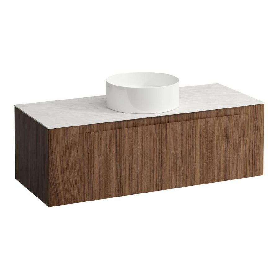 Wastafelonderkast ARUN 1200mm 1x la met gecentreerde uitsparing Ardesia Bianca top Noce canaletto